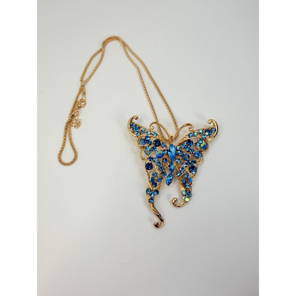 Blue Rhinestone Butterfly Pendant Gold Tone Chain Women Necklace Statement Piece